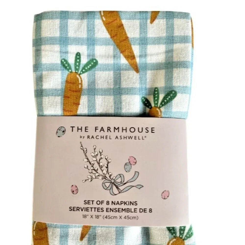 Rachel Ashwell Easter Carrot Napkins Gingham White Blue Country Set Of 8